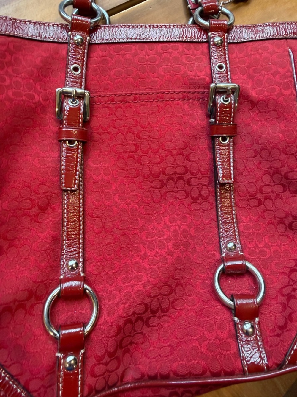 Coach Red Signature Canvas Tote with Patent Leather Trim - Picture 3 of 10